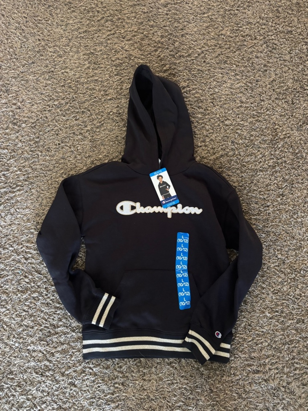 Champion Kids Black Hoodie with White Logo girls size 10/12 bnwt